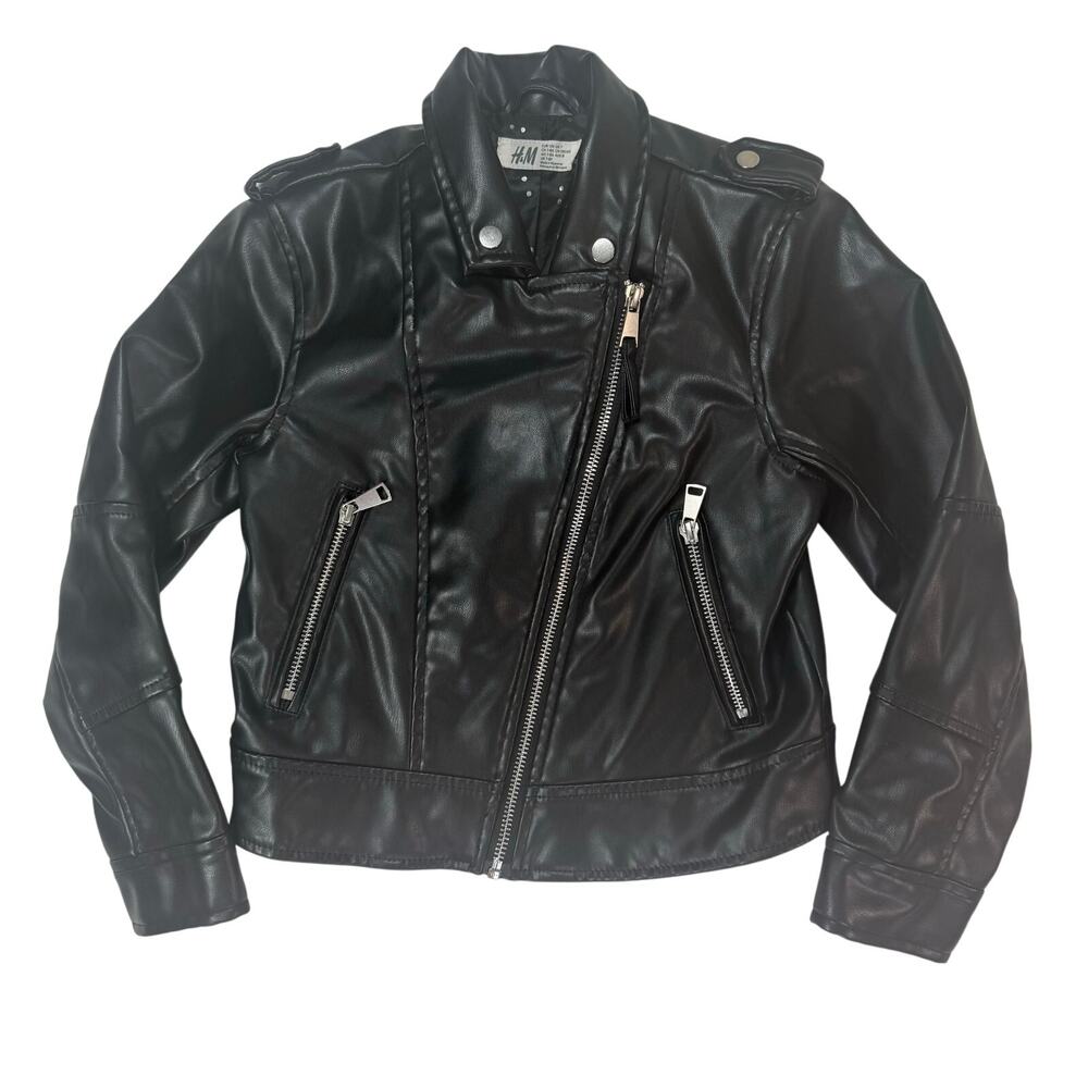 H&M Girls 7 Black Faux Leather Moto Jacket Biker Style